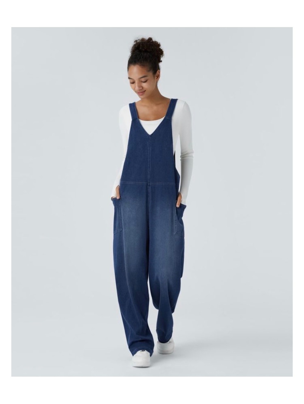 Halara Flex Denim Overalls Womens L Petite Blue V Neck Wide Leg Baggy Jumpsuit